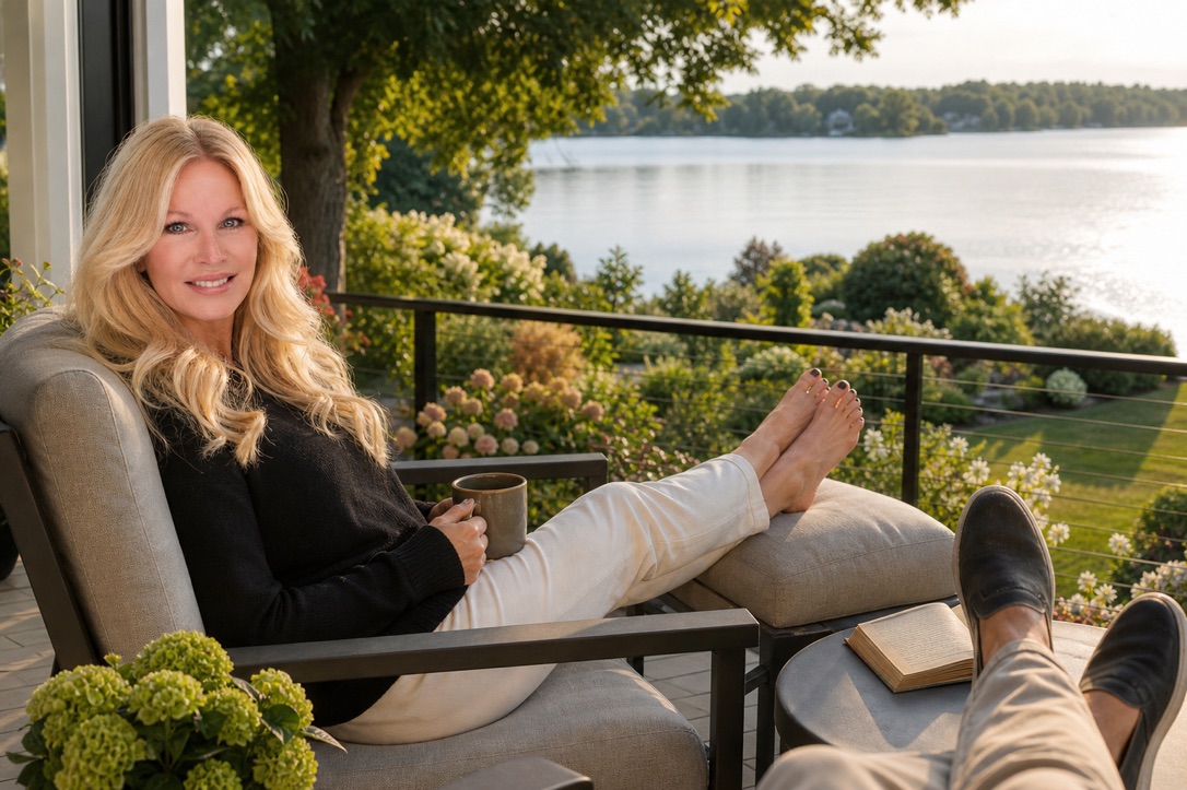 Amy relaxing on a porch overlooking a lake.